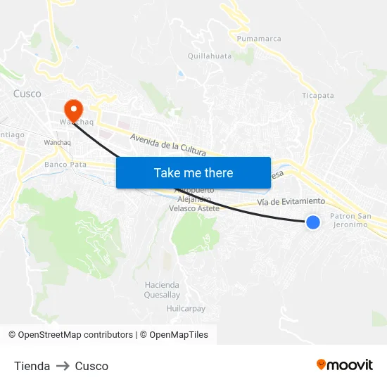 Tienda to Cusco map