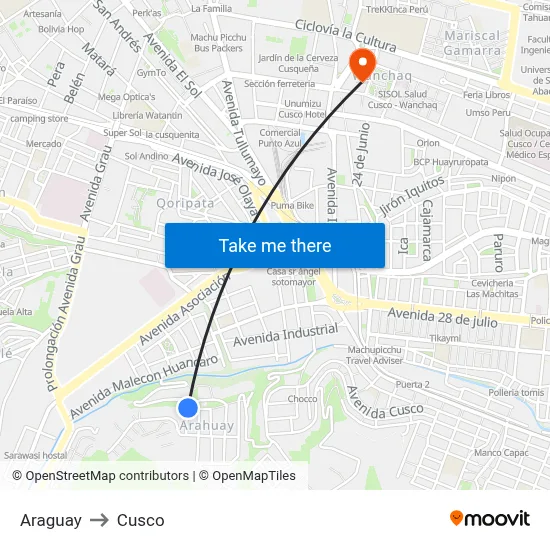 Araguay to Cusco map