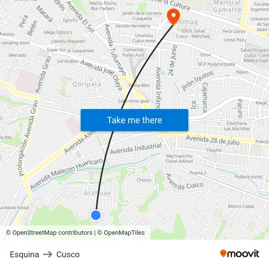 Esquina to Cusco map