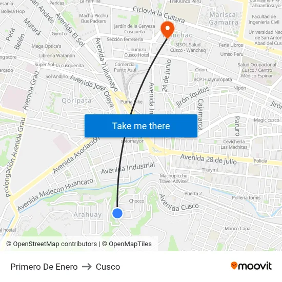 Primero De Enero to Cusco map