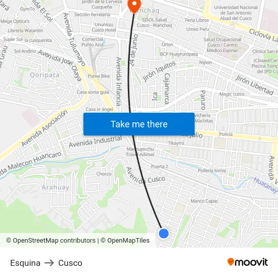 Esquina to Cusco map