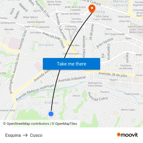 Esquina to Cusco map