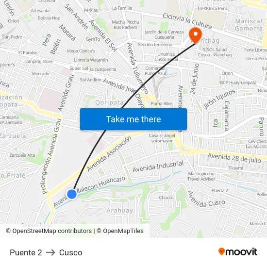 Puente 2 to Cusco map