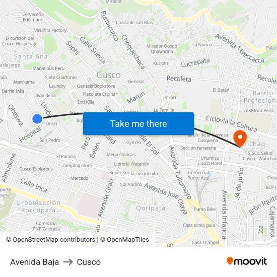 Avenida Baja to Cusco map