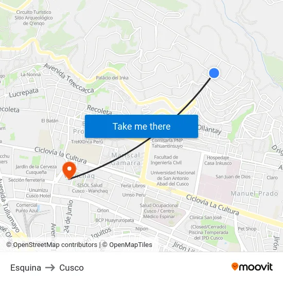 Esquina to Cusco map