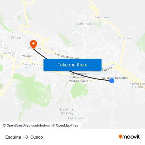Esquina to Cusco map