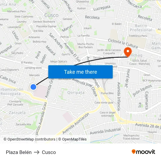 Plaza Belén to Cusco map