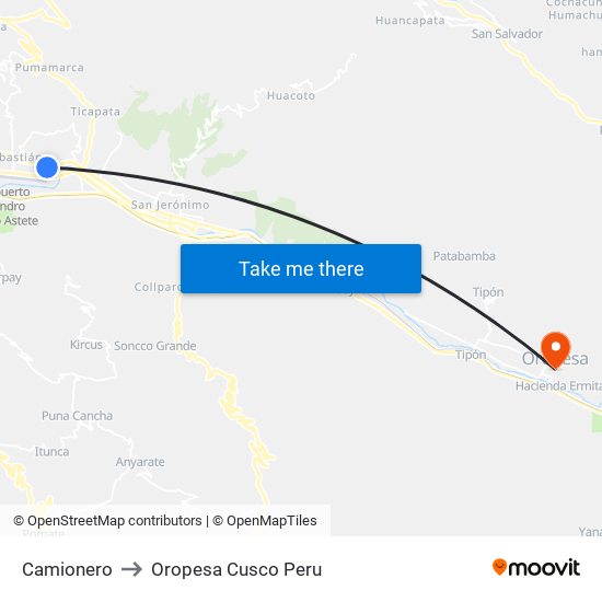 Camionero to Oropesa Cusco Peru map