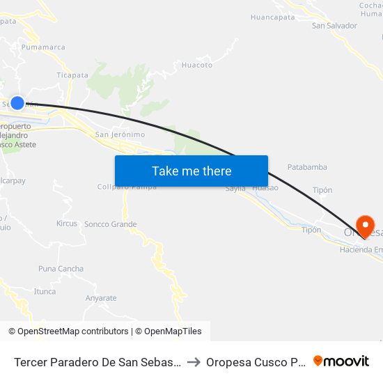 Tercer Paradero De San Sebastian to Oropesa Cusco Peru map