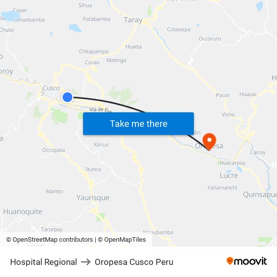 Hospital Regional to Oropesa Cusco Peru map