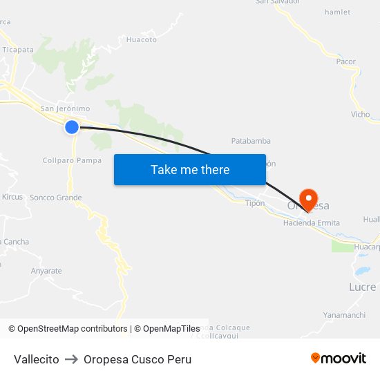 Vallecito to Oropesa Cusco Peru map