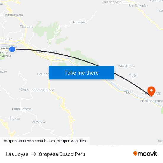Las Joyas to Oropesa Cusco Peru map