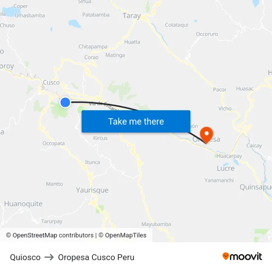 Quiosco to Oropesa Cusco Peru map