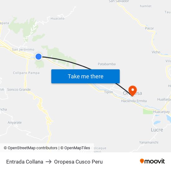 Entrada Collana to Oropesa Cusco Peru map