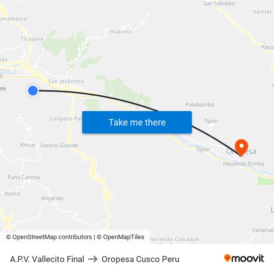 A.P.V. Vallecito Final to Oropesa Cusco Peru map