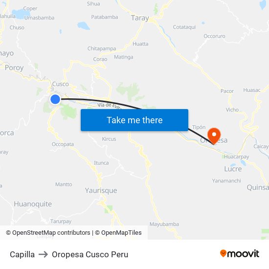 Capilla to Oropesa Cusco Peru map