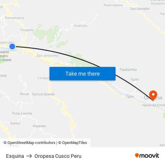 Esquina to Oropesa Cusco Peru map