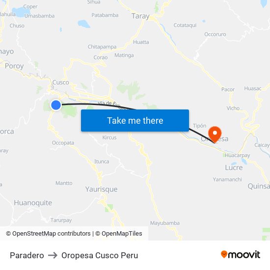 Paradero to Oropesa Cusco Peru map