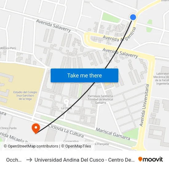 Occhullo to Universidad Andina Del Cusco - Centro De Idiomas map