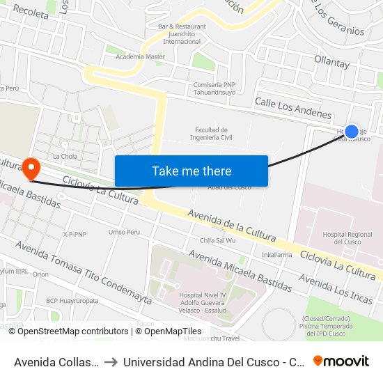 Avenida Collasuyo, 610 to Universidad Andina Del Cusco - Centro De Idiomas map