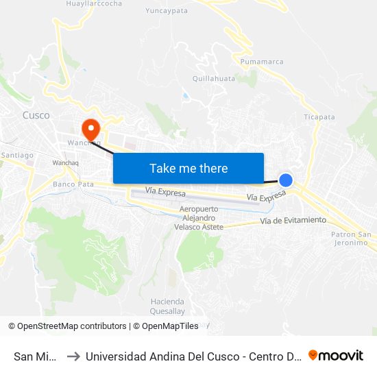 San Miguel to Universidad Andina Del Cusco - Centro De Idiomas map