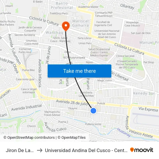 Jiron De La Union to Universidad Andina Del Cusco - Centro De Idiomas map