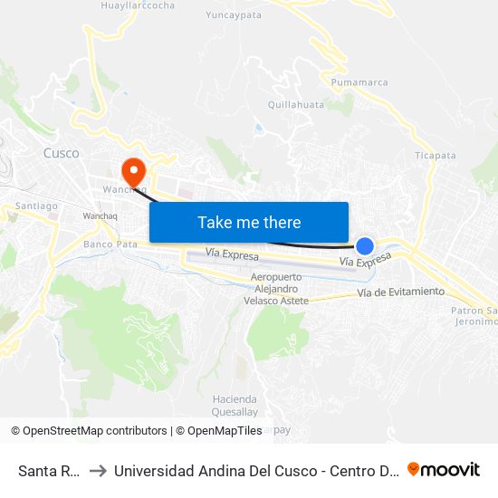 Santa Rosa to Universidad Andina Del Cusco - Centro De Idiomas map