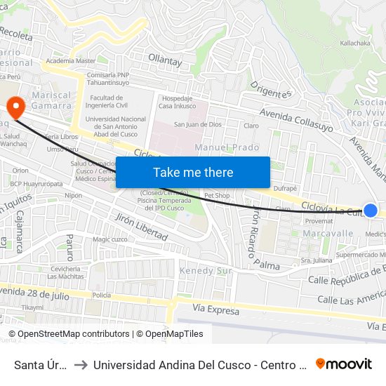 Santa Úrsula to Universidad Andina Del Cusco - Centro De Idiomas map