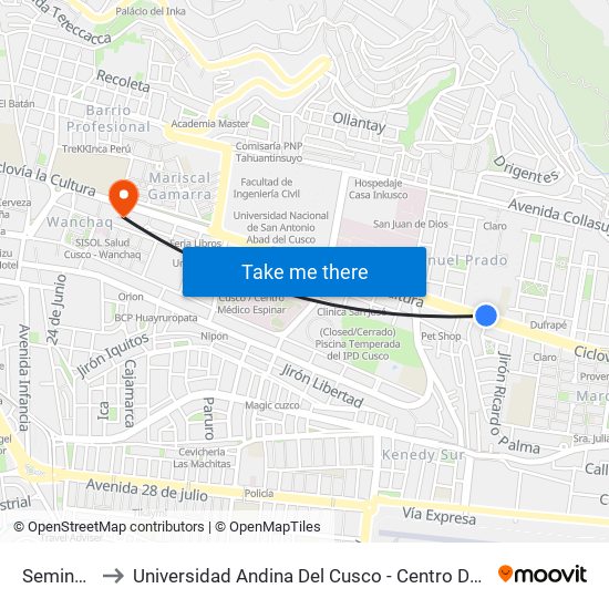 Seminario to Universidad Andina Del Cusco - Centro De Idiomas map