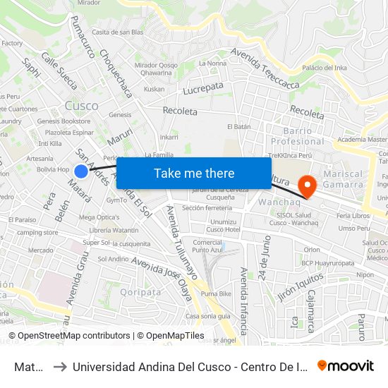 Matara to Universidad Andina Del Cusco - Centro De Idiomas map