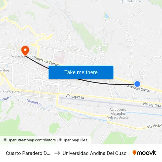 Cuarto Paradero De San Sebastian to Universidad Andina Del Cusco - Centro De Idiomas map