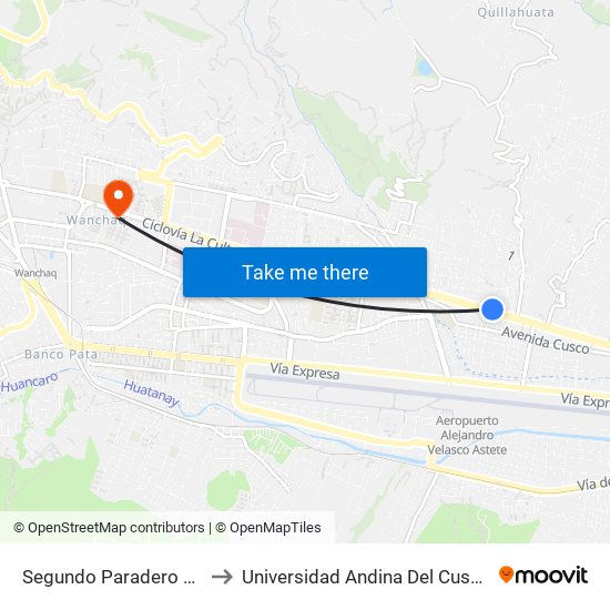 Segundo Paradero De San Sebastian to Universidad Andina Del Cusco - Centro De Idiomas map