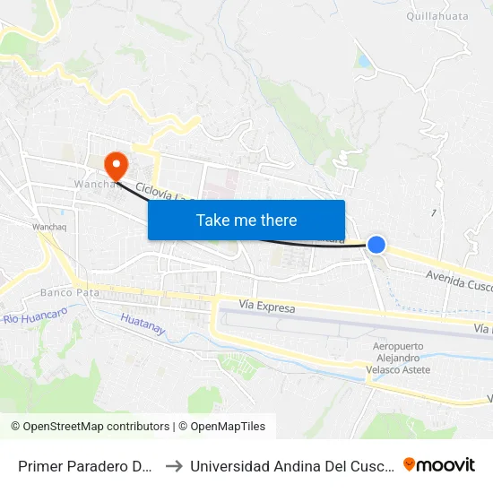 Primer Paradero De San Sebastian to Universidad Andina Del Cusco - Centro De Idiomas map