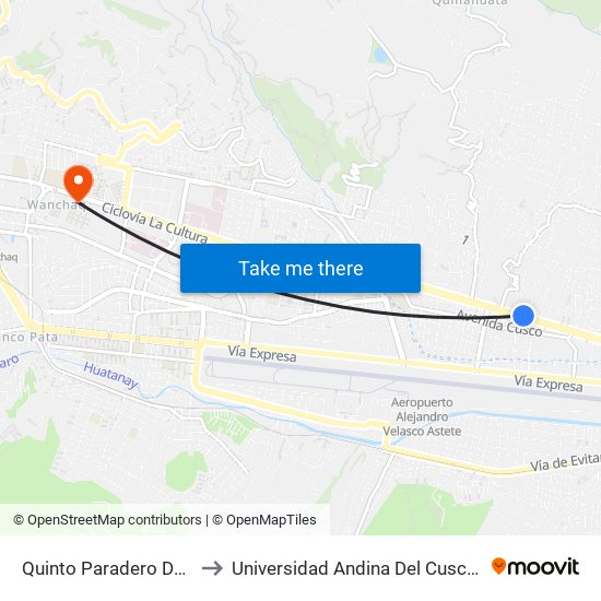 Quinto Paradero De San Sebastian to Universidad Andina Del Cusco - Centro De Idiomas map