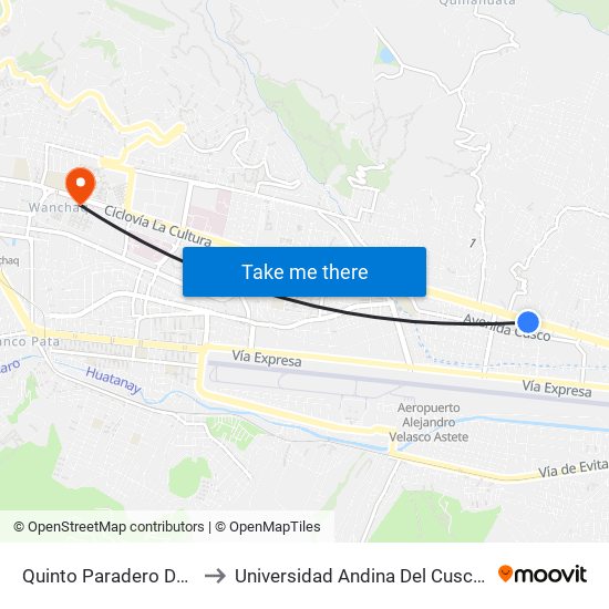 Quinto Paradero De San Sebastian to Universidad Andina Del Cusco - Centro De Idiomas map