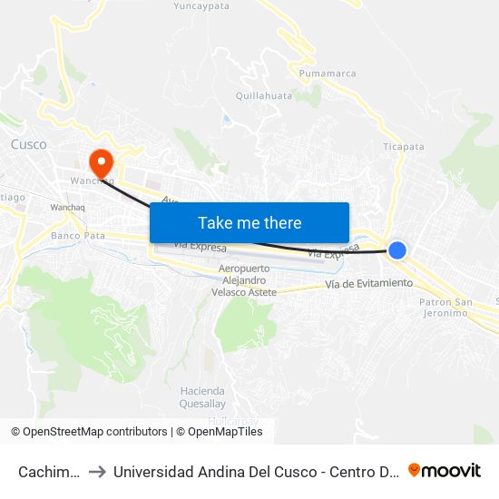 Cachimayo to Universidad Andina Del Cusco - Centro De Idiomas map