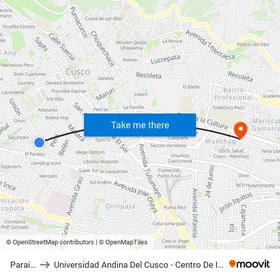 Paraiso to Universidad Andina Del Cusco - Centro De Idiomas map
