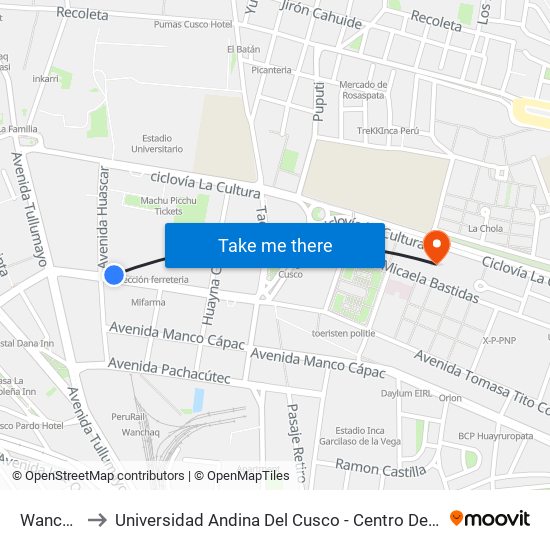 Wanchaq to Universidad Andina Del Cusco - Centro De Idiomas map