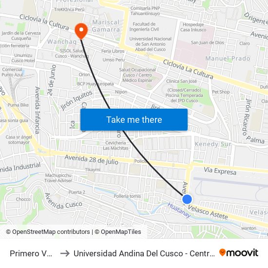 Primero Velazco to Universidad Andina Del Cusco - Centro De Idiomas map