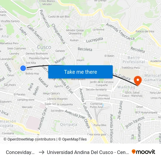 Concevidayoc, 127 to Universidad Andina Del Cusco - Centro De Idiomas map