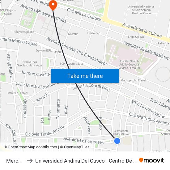 Mercado to Universidad Andina Del Cusco - Centro De Idiomas map