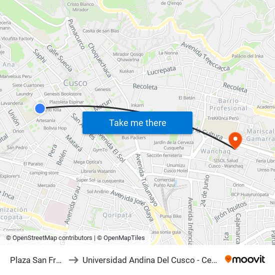 Plaza San Francisco to Universidad Andina Del Cusco - Centro De Idiomas map