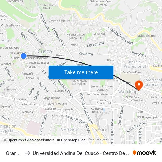 Granada to Universidad Andina Del Cusco - Centro De Idiomas map