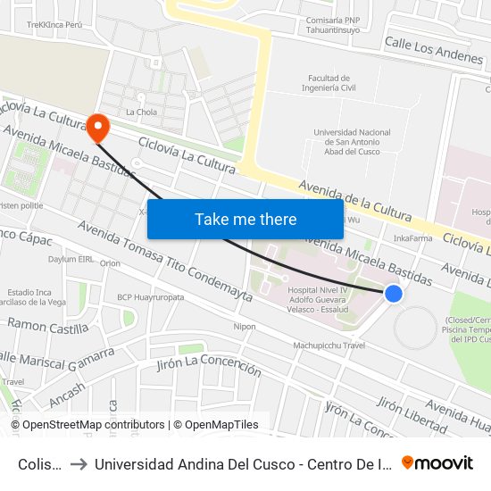 Coliseo to Universidad Andina Del Cusco - Centro De Idiomas map