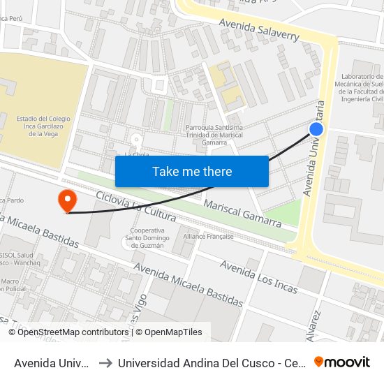 Avenida Universitaria to Universidad Andina Del Cusco - Centro De Idiomas map