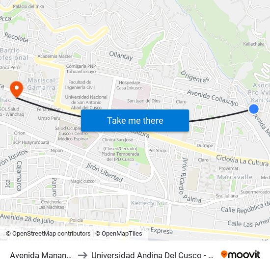 Avenida Manantiales, 164 to Universidad Andina Del Cusco - Centro De Idiomas map