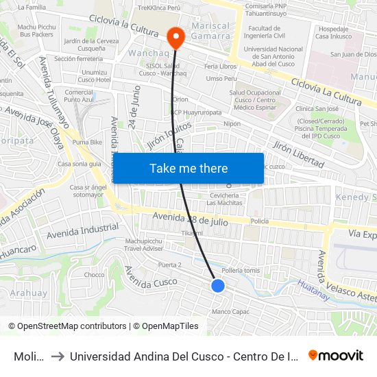 Molino to Universidad Andina Del Cusco - Centro De Idiomas map