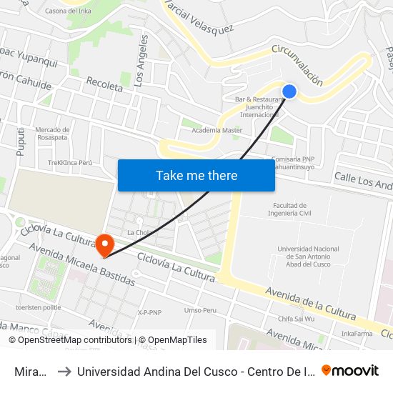 Mirador to Universidad Andina Del Cusco - Centro De Idiomas map