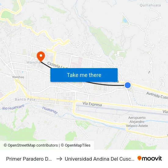 Primer Paradero De San Sebastian to Universidad Andina Del Cusco - Centro De Idiomas map