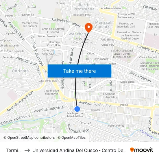 Terminal to Universidad Andina Del Cusco - Centro De Idiomas map